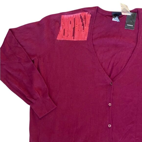 NWT Torrid Retro Vintage Pinup Burgundy Sequin Yoke V-Neck Cardigan Sweater 3X - Picture 3 of 6